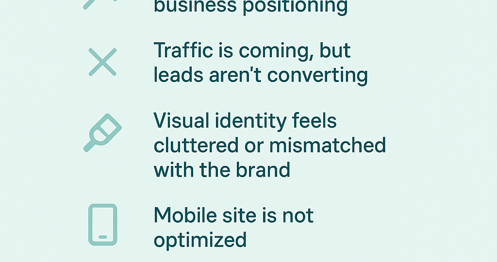 Infographic titled '6 Proof Points Your Website Needs a Strategic Glow-Up' with a clean, modern design on a light teal background. It lists six signs: reflects outdated business positioning, traffic is coming but leads aren't converting, visual identity feels off-brand, mobile site is not optimized, minimal or no validation from external sources, and CTAs are hidden or unclear. Designed to support businesses seeking a strategic website glow-up