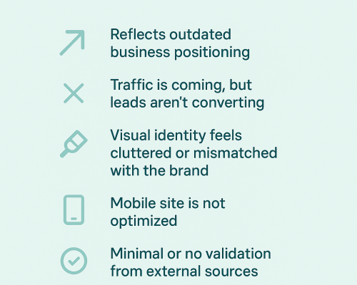 Infographic titled '6 Proof Points Your Website Needs a Strategic Glow-Up' with a clean, modern design on a light teal background. It lists six signs: reflects outdated business positioning, traffic is coming but leads aren't converting, visual identity feels off-brand, mobile site is not optimized, minimal or no validation from external sources, and CTAs are hidden or unclear. Designed to support businesses seeking a strategic website glow-up